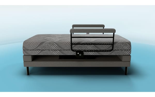 Freedom Twin Lift Bed with gray Bob-O-Pedic Memory Foam mattress, black metal lift frame, and built-in USB port for adjustable sleep and standing support.