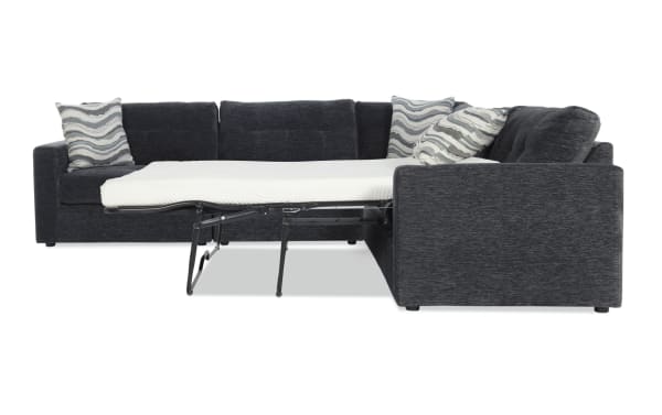 Modular Bob® Charcoal 117'' 4-piece right arm facing storage sleeper sectional in contemporary style with charcoal polyester fabric and queen gel memory foam mattress.