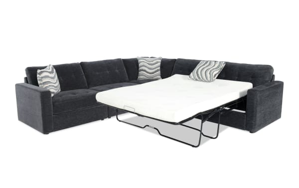 Modular Bob® Charcoal 117" 4-piece right arm facing storage sleeper sectional with queen gel memory foam mattress, gray polyester fabric, contemporary style.