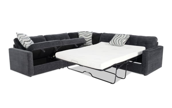 Modular Bob® Charcoal 117" 4-piece right arm facing storage sleeper sectional with queen gel memory foam mattress, charcoal polyester fabric upholstery, and contemporary style.