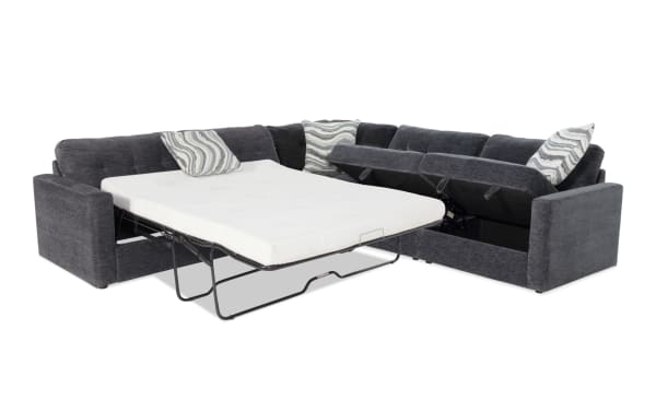 Modular Bob® Charcoal 117'' 4-piece left arm facing storage sleeper sectional in contemporary gray polyester fabric with queen gel memory foam mattress and hidden storage compartments.