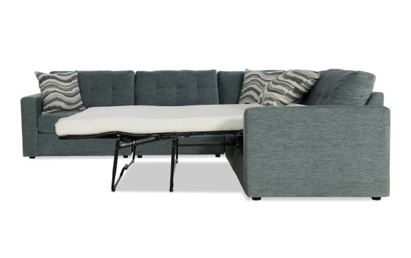 Contemporary Modular Bob® Spa Blue 117'' 4-piece right arm facing sectional with light blue polyester fabric, built-in storage, and queen gel memory foam sleeper mattress.