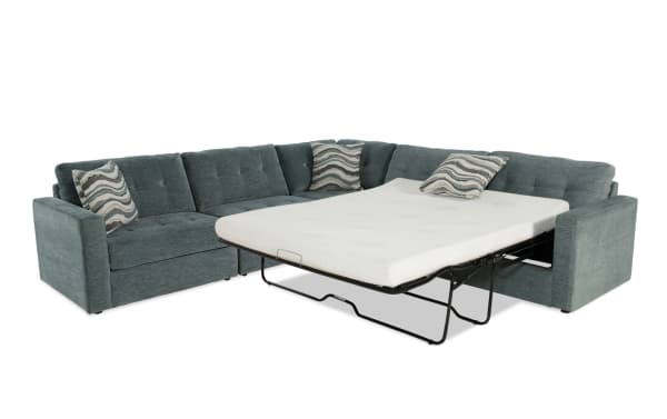 Modular Bob® Spa Blue 117'' 4-piece right arm facing sectional sofa with light blue polyester fabric, built-in storage, and queen gel memory foam sleeper mattress.
