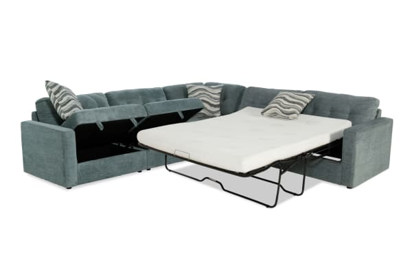 Modular Bob® Spa Blue 117" 4-piece right arm facing sectional with light blue polyester fabric, storage seats, and queen gel memory foam sleeper mattress.