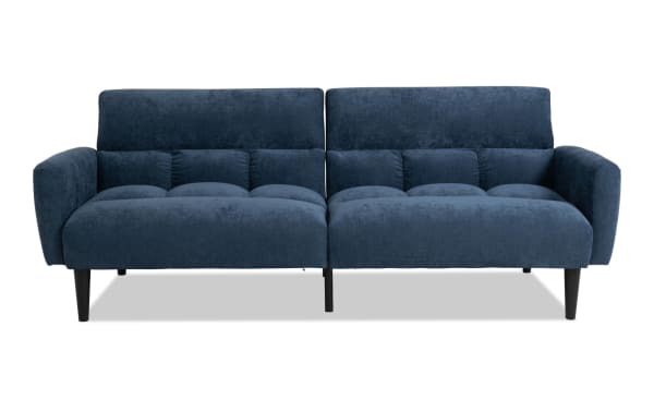 Transitional Harmony Navy Futon with navy blue polyester fabric upholstery, padded seating, and low-profile armrests, ideal for stylish living rooms.