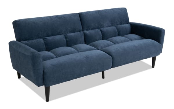 Harmony Navy Futon in transitional style with navy polyester fabric upholstery, padded tufted seating, and sleek black legs for comfortable living room seating.