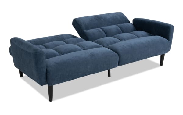 Harmony Navy Futon in transitional style with navy polyester fabric upholstery, padded tufted seating, and adjustable reclining backrest for versatile comfort.