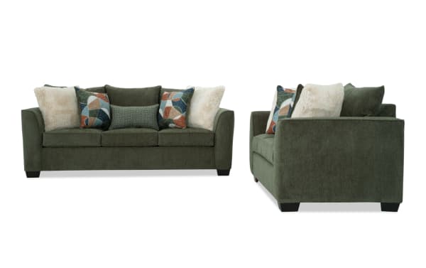 Brynn Green 88'' Sofa and 64'' Loveseat set in soft green polyester fabric with Bob-O-Pedic Memory Foam cushions, transitional style, and multi-pattern accent pillows.