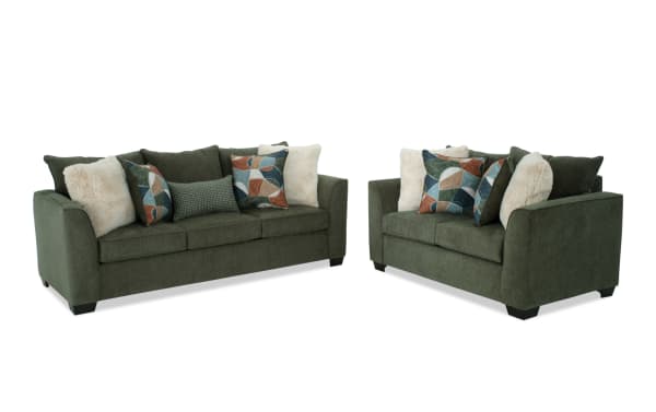 Brynn Green 88'' Sofa and 64'' Loveseat set in soft green polyester fabric with Bob-O-Pedic Memory Foam cushions and multicolor geometric accent pillows, featuring a transitional style for cozy, stylish living rooms.