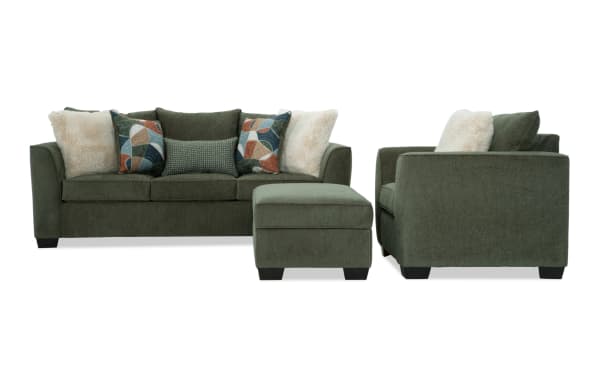 Brynn Green 88'' transitional sofa, chair, and storage ottoman set in soft green polyester fabric with memory foam cushions and patterned accent pillows.