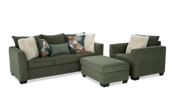Brynn Green 88'' sofa, chair, and storage ottoman set in soft green polyester fabric with Bob-O-Pedic Memory Foam cushions, transitional style, and patterned accent pillows.