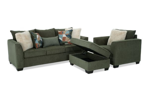 Brynn Green 88'' transitional sofa, chair, and storage ottoman set in soft green polyester fabric with memory foam cushions and patterned accent pillows.