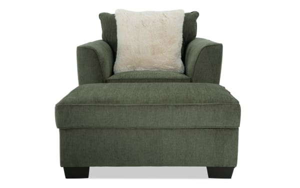 Brynn Green Chair & Storage Ottoman in soft green polyester fabric with plush memory foam seat, transitional style, hidden ottoman storage.