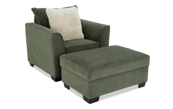 Brynn Green Chair & Storage Ottoman set in soft green polyester fabric with plush Bob-O-Pedic memory foam, transitional style, hidden ottoman storage.