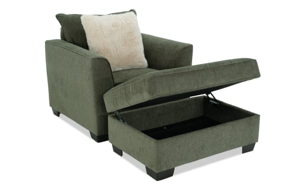 Brynn Green Chair & Storage Ottoman in soft green polyester fabric, transitional style with plush memory foam seat and hidden storage ottoman.