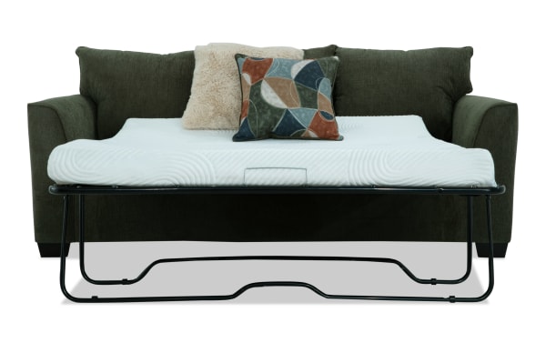 Brynn Green 88'' transitional sleeper sofa with soft green polyester fabric, featuring Bob-O-Pedic gel memory foam queen mattress and accent pillows.