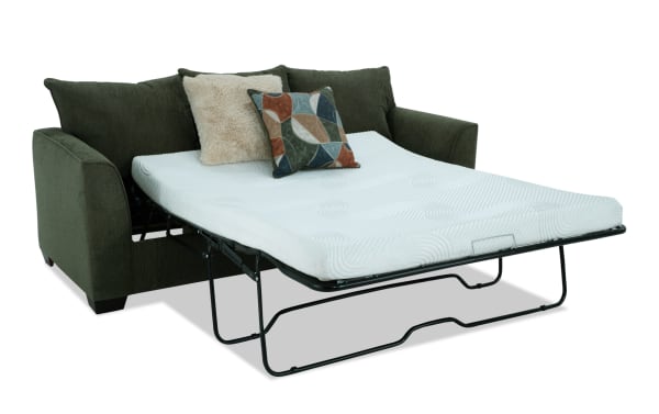 Brynn Green 88'' transitional sleeper sofa in soft green polyester fabric with pull-out queen gel memory foam mattress and decorative pillows.