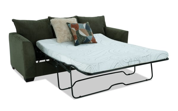 Brynn Green 88'' Transitional Sleeper Sofa with queen-size Bob-O-Pedic cooling gel memory foam mattress, soft green polyester fabric upholstery, and decorative accent pillows.