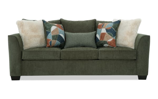 Brynn Green 88'' Transitional Sleeper Sofa in soft polyester fabric with plush Bob-O-Pedic Memory Foam cushions and mixed patterned accent pillows.