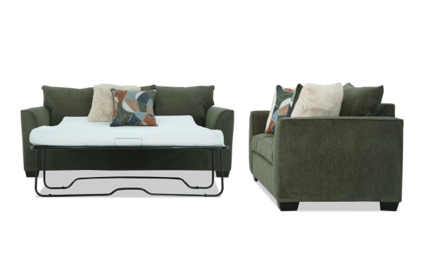 Brynn Green 88'' transitional sleeper sofa with queen gel memory foam mattress and 64'' loveseat, upholstered in soft green polyester fabric with accent pillows.