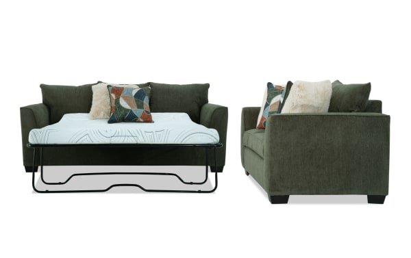 Brynn Green 88'' transitional sleeper sofa with queen cooling gel memory foam mattress and 64'' loveseat, upholstered in soft green polyester fabric with accent pillows.