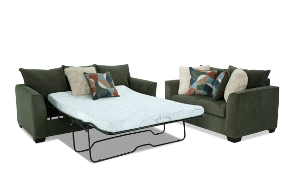 Brynn Green 88'' transitional sleeper sofa with queen cooling gel memory foam mattress and 64'' loveseat, upholstered in soft green polyester fabric.