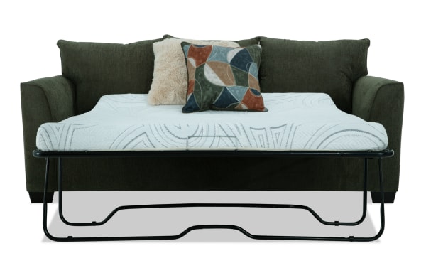 Brynn Green 88'' transitional sleeper sofa in soft polyester fabric with Bob-O-Pedic memory foam mattress and colorful accent pillows, paired with 64'' loveseat.