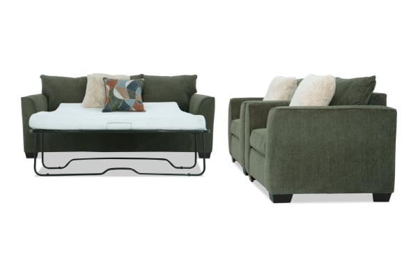 Brynn Green 88'' transitional sleeper sofa with queen gel memory foam mattress in soft green polyester fabric, includes 2 matching chairs with accent pillows.
