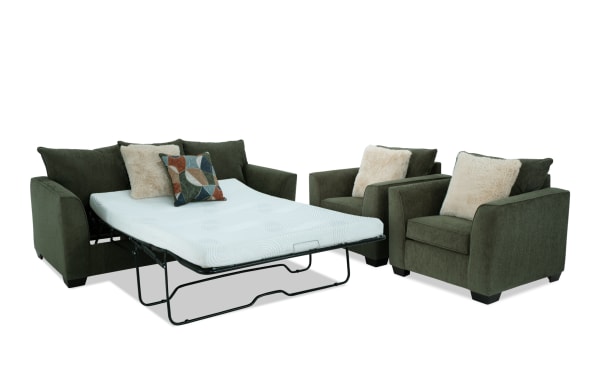 Brynn Green 88'' transitional sleeper sofa set with queen gel memory foam mattress, soft green polyester fabric, and two matching armchairs.