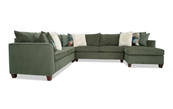Brynn Green 142'' 4 Piece Right Arm Facing Chaise Sectional in soft green polyester fabric with Bob-O-Pedic Memory Foam cushions, transitional style, and mixed accent pillows for cozy seating.