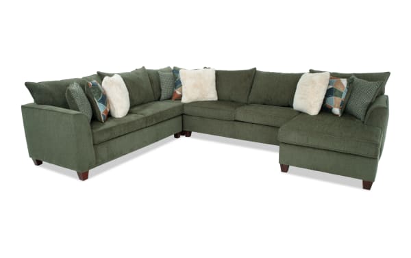 Brynn Green 142'' 4 Piece Right Arm Facing Chaise Sectional in soft green polyester fabric, transitional style with memory foam cushions and mixed accent pillows.