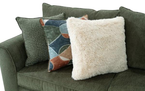 Brynn Green 142'' 4 Piece Right Arm Facing Chaise Sectional in green polyester fabric with plush Bob-O-Pedic Memory Foam cushions and three decorative accent pillows in transitional style.