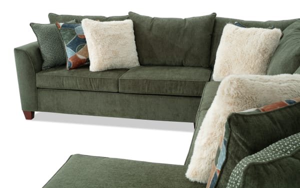 Brynn Green 142'' 4 Piece Right Arm Facing Chaise Sectional in green polyester fabric with Bob-O-Pedic memory foam cushions and plush accent pillows, transitional style.