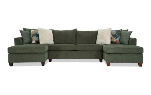 Brynn Green 142'' 3 Piece Dual Chaise Sectional in soft green polyester fabric with Bob-O-Pedic Memory Foam cushions, transitional style, and multiple accent pillows.