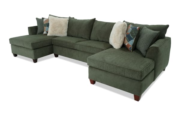 Brynn Green 142'' 3 Piece Dual Chaise Sectional in soft green polyester fabric with Bob-O-Pedic Memory Foam cushions, transitional style, and assorted accent pillows.