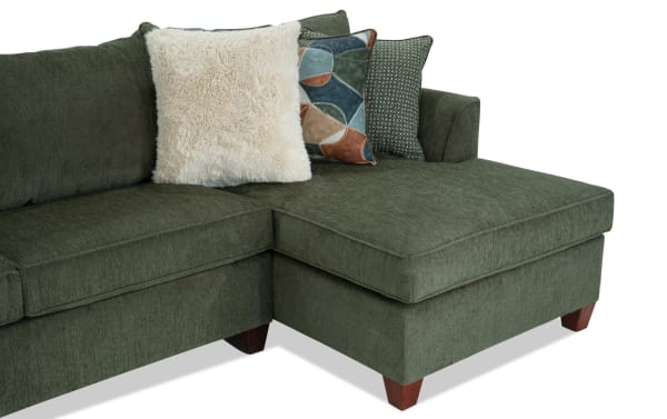 Brynn Green 142'' 3 Piece Dual Chaise Sectional in green polyester fabric with Bob-O-Pedic Memory Foam cushions, transitional style, and decorative accent pillows.