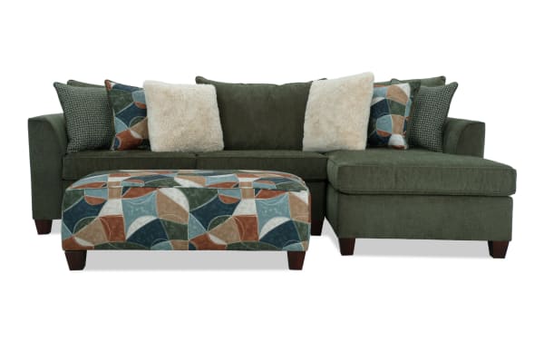 Brynn Green 114" 2-piece right arm facing chaise sectional with patterned ottoman, soft green polyester fabric, transitional style, Bob-O-Pedic Memory Foam cushions.