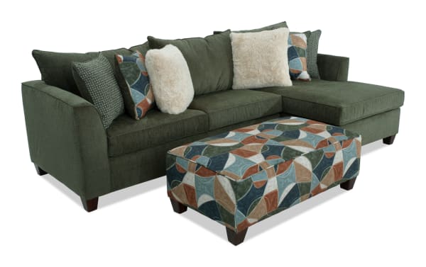 Brynn Green 114'' 2 Piece Right Arm Facing Chaise Sectional with patterned ottoman, soft green polyester fabric, transitional style, memory foam cushions.