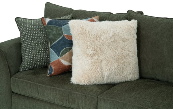 Brynn Green 114" 2-piece right arm facing chaise sectional with plush green polyester fabric, Bob-O-Pedic Memory Foam cushions, and decorative accent pillows in transitional style.