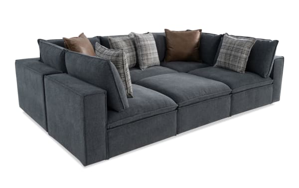 Infinity Thunder Blue 117'' 6-piece modular sectional sofa in blue polyester fabric, transitional style with Bob-O-Pedic® seats and feather blend pillows.