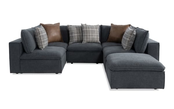 Infinity Thunder Blue 117'' 6-piece modular sectional sofa with 3 armless chairs, 2 corners, 1 ottoman in blue polyester fabric, transitional style.