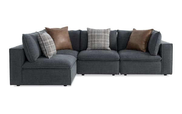 Infinity Thunder Blue 117'' 4-piece modular sectional with 2 armless chairs and 2 corners, transitional style, blue polyester fabric upholstery, Bob-O-Pedic® seats, feather blend pillows, removable cushions, and Siberian pine frame.