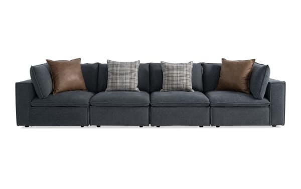 Infinity Thunder Blue 154" 4-piece modular sectional in transitional style, blue polyester fabric with feather-blend accent pillows and removable cushions.