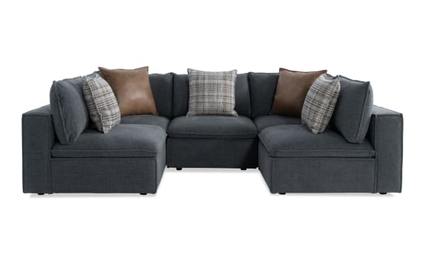 Infinity Thunder Blue 117" 5-piece modular sectional in transitional style, blue polyester fabric with feather-blend pillows, armless chairs, and corner seats.