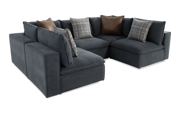 Infinity Thunder Blue 117'' 5-piece modular sectional with 3 armless chairs, 2 corners, transitional style, blue polyester fabric, feather blend pillows.