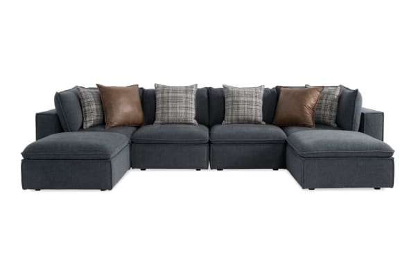 Infinity Thunder Blue 150'' 6-piece modular sectional in transitional style with blue polyester fabric, featuring 2 armless chairs, 2 corners, 2 ottomans, Bob-O-Pedic® seats, feather blend pillows, and removable cushions.