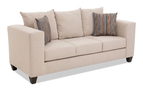 Haley 84'' Beige Sofa with polyester fabric upholstery, transitional style, three seat cushions, and two striped accent pillows for contemporary living rooms.