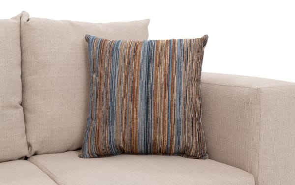 Beige Haley 61'' loveseat with polyester fabric upholstery, featuring a transitional style and a striped accent pillow in blue and brown tones.
