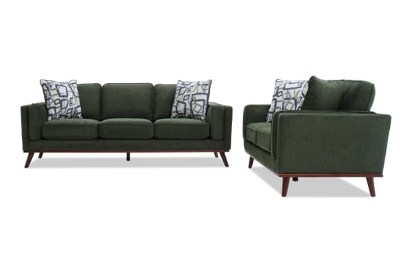 Tribeca Green 90'' sofa and 66'' loveseat set in mid-century modern style, green polyester fabric with Bob-O-Pedic memory foam cushions and patterned accent pillows.