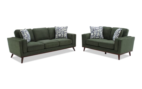Tribeca Green 90'' Sofa and 66'' Loveseat set in mid-century modern style, green polyester fabric with Bob-O-Pedic Memory Foam cushions and patterned accent pillows.